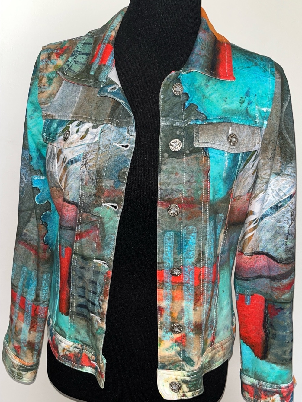 Women's Abstract Multi-Color Bomber Jacket - Turquoise & Red Accents